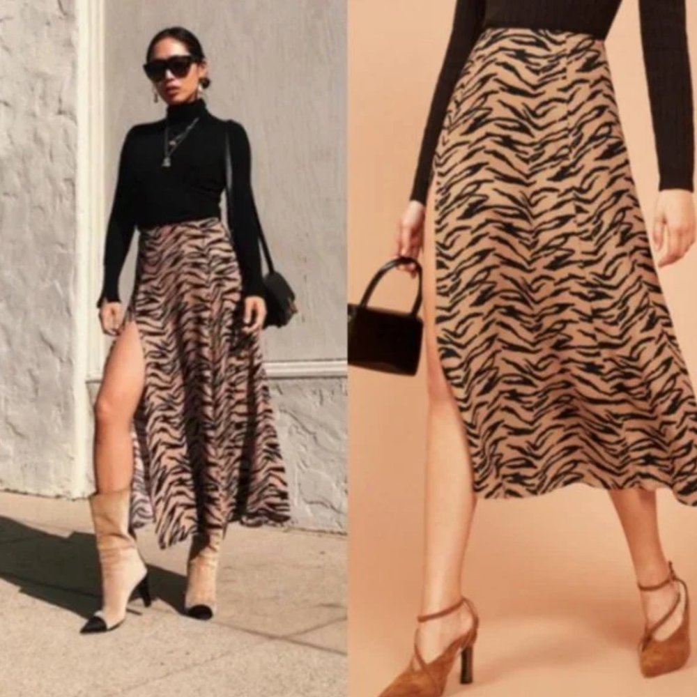 Reformation Zoe Black Tiger Midi Skirt - 6